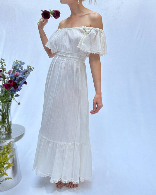 Vintage Ivory Gauze Off-The-Shoulder Dress