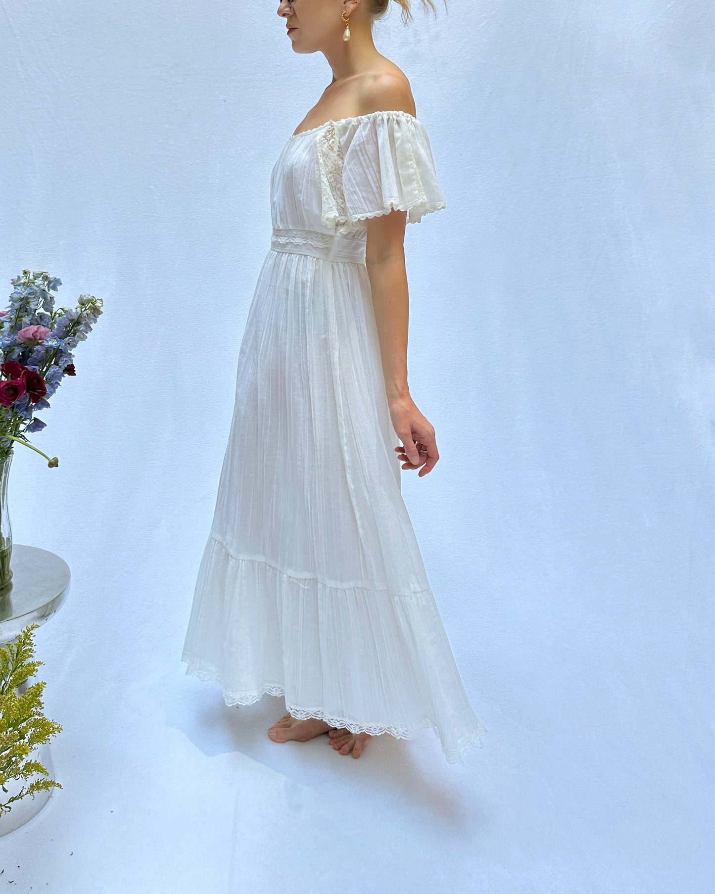 Vintage Ivory Gauze Off-The-Shoulder Dress