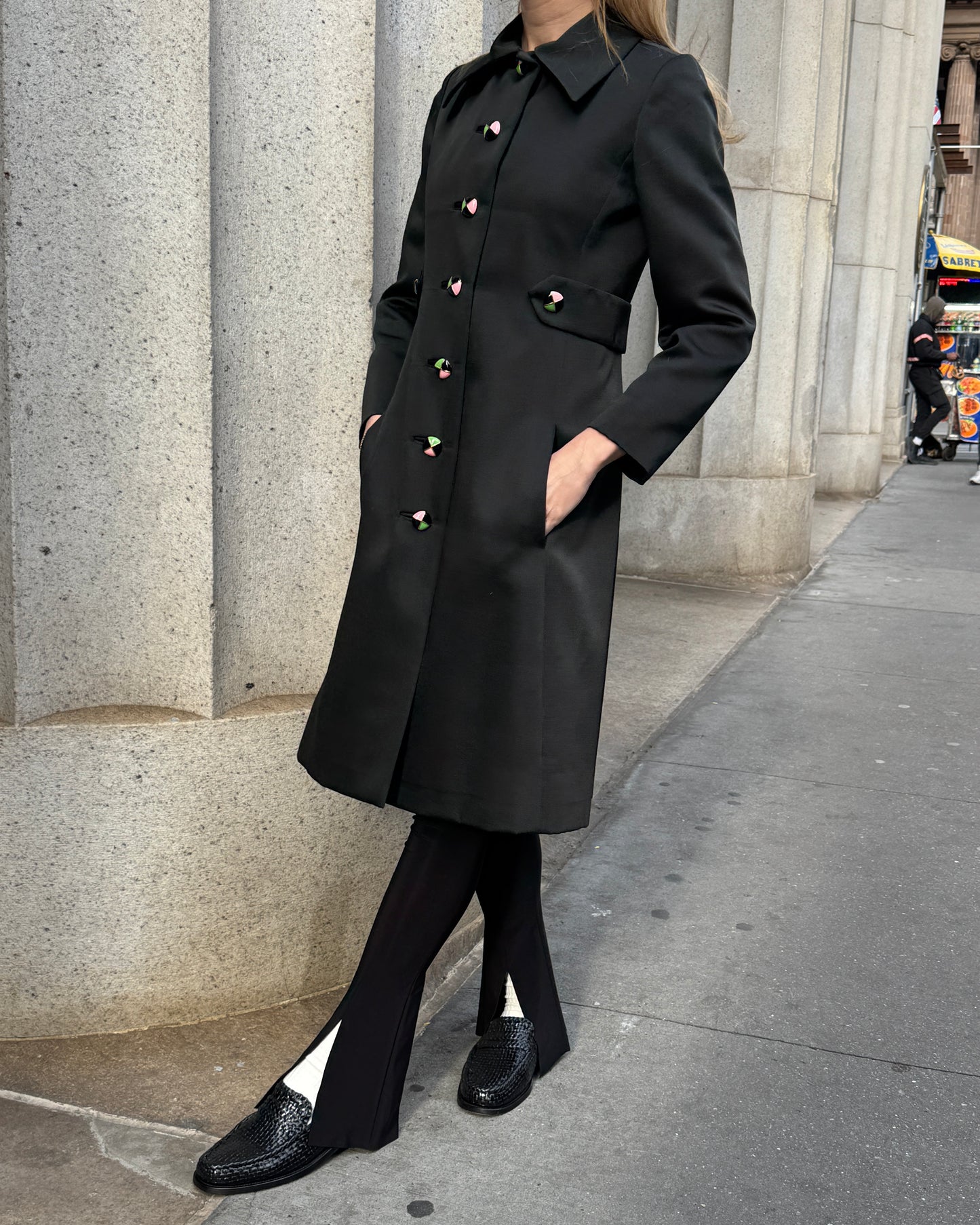 Vintage 1960s Silk Wool Coat with Custom Enamel Buttons and Contrasting Lining