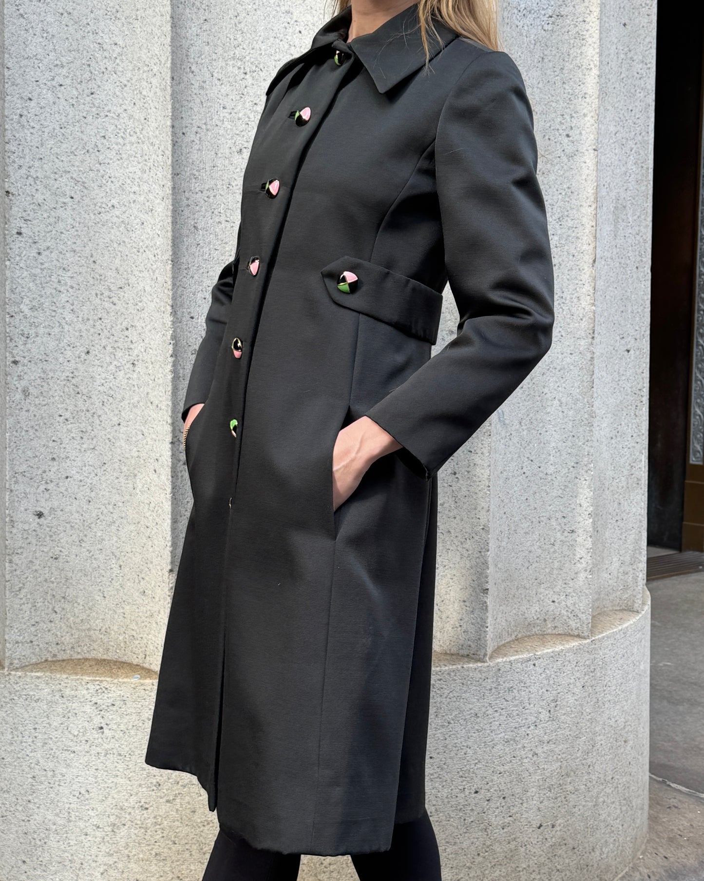Vintage 1960s Silk Wool Coat with Custom Enamel Buttons and Contrasting Lining