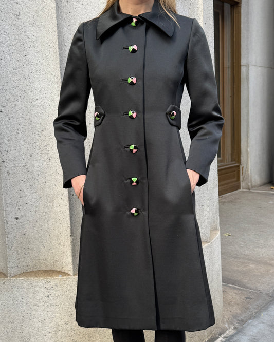 Vintage 1960s Silk Wool Coat with Custom Enamel Buttons and Contrasting Lining