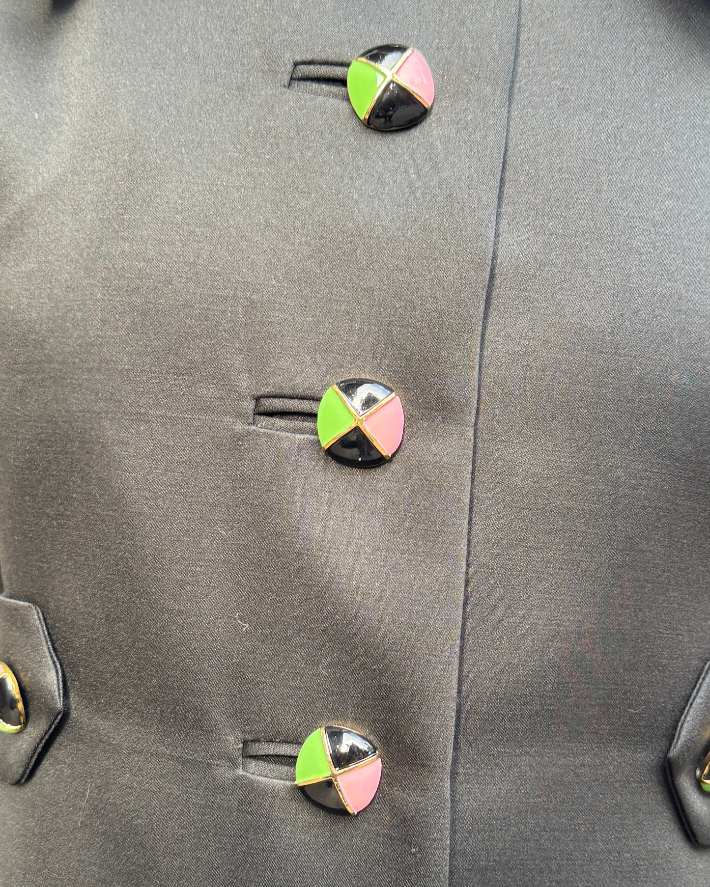 Vintage 1960s Silk Wool Coat with Custom Enamel Buttons and Contrasting Lining