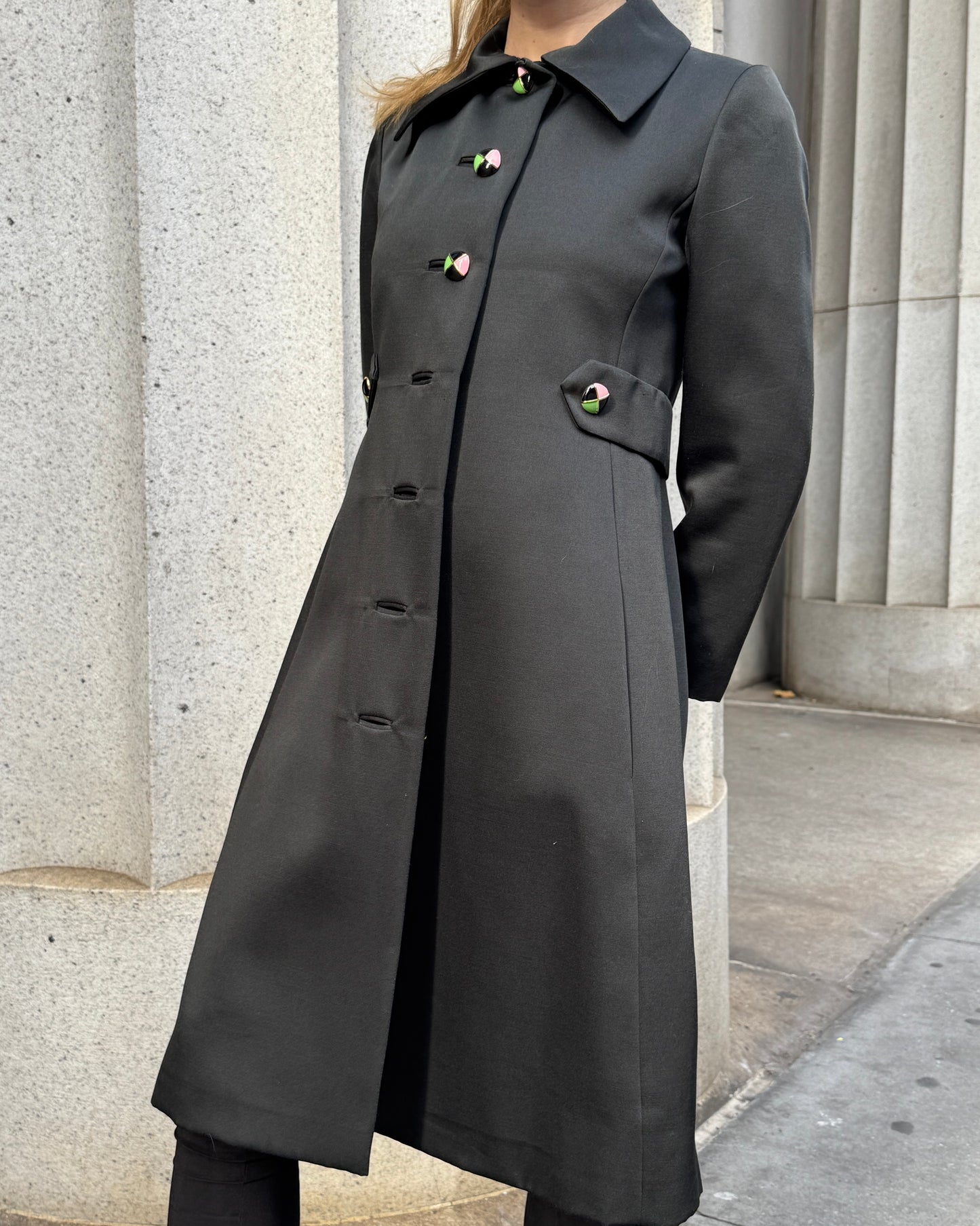 Vintage 1960s Silk Wool Coat with Custom Enamel Buttons and Contrasting Lining