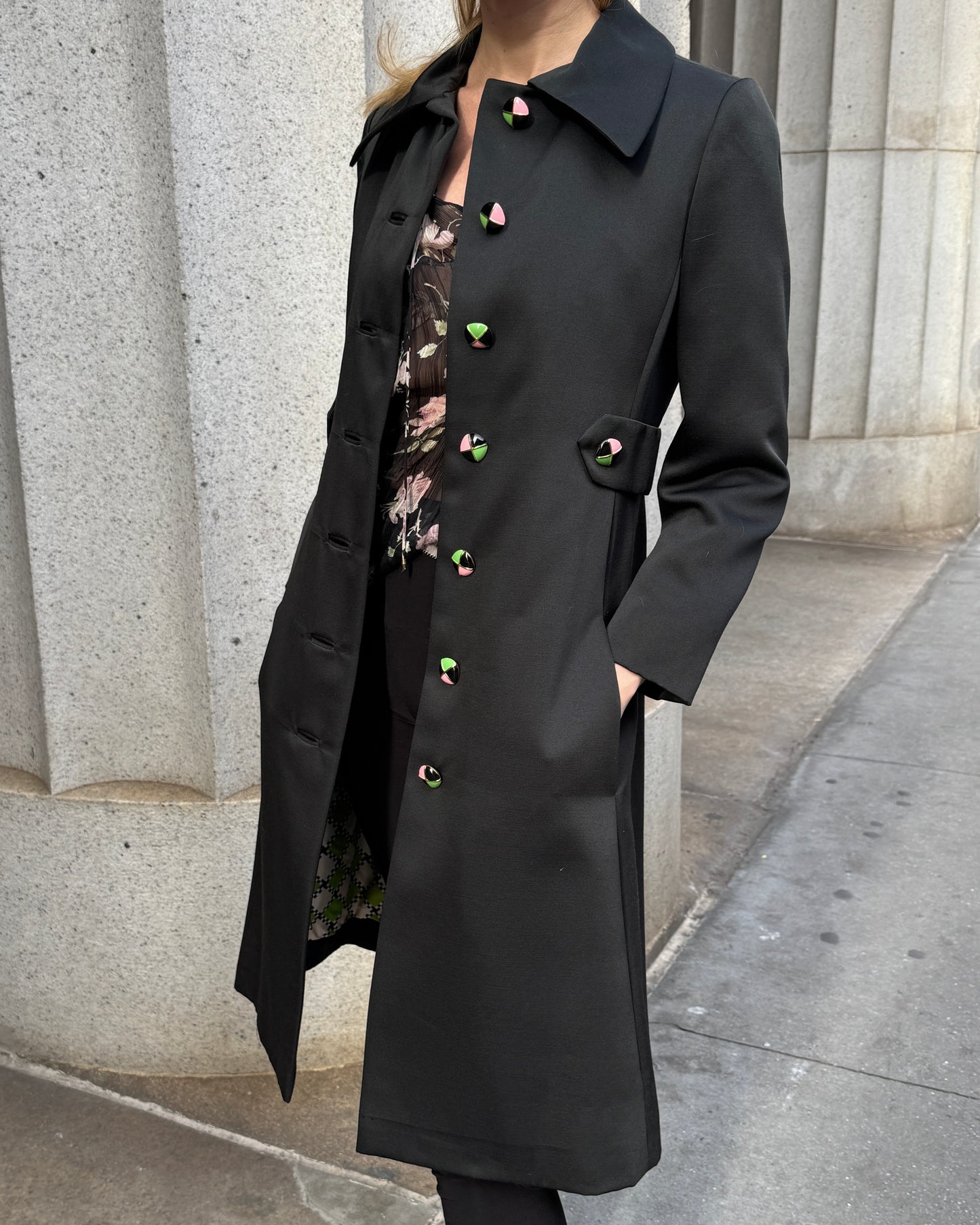 Vintage 1960s Silk Wool Coat with Custom Enamel Buttons and Contrasting Lining