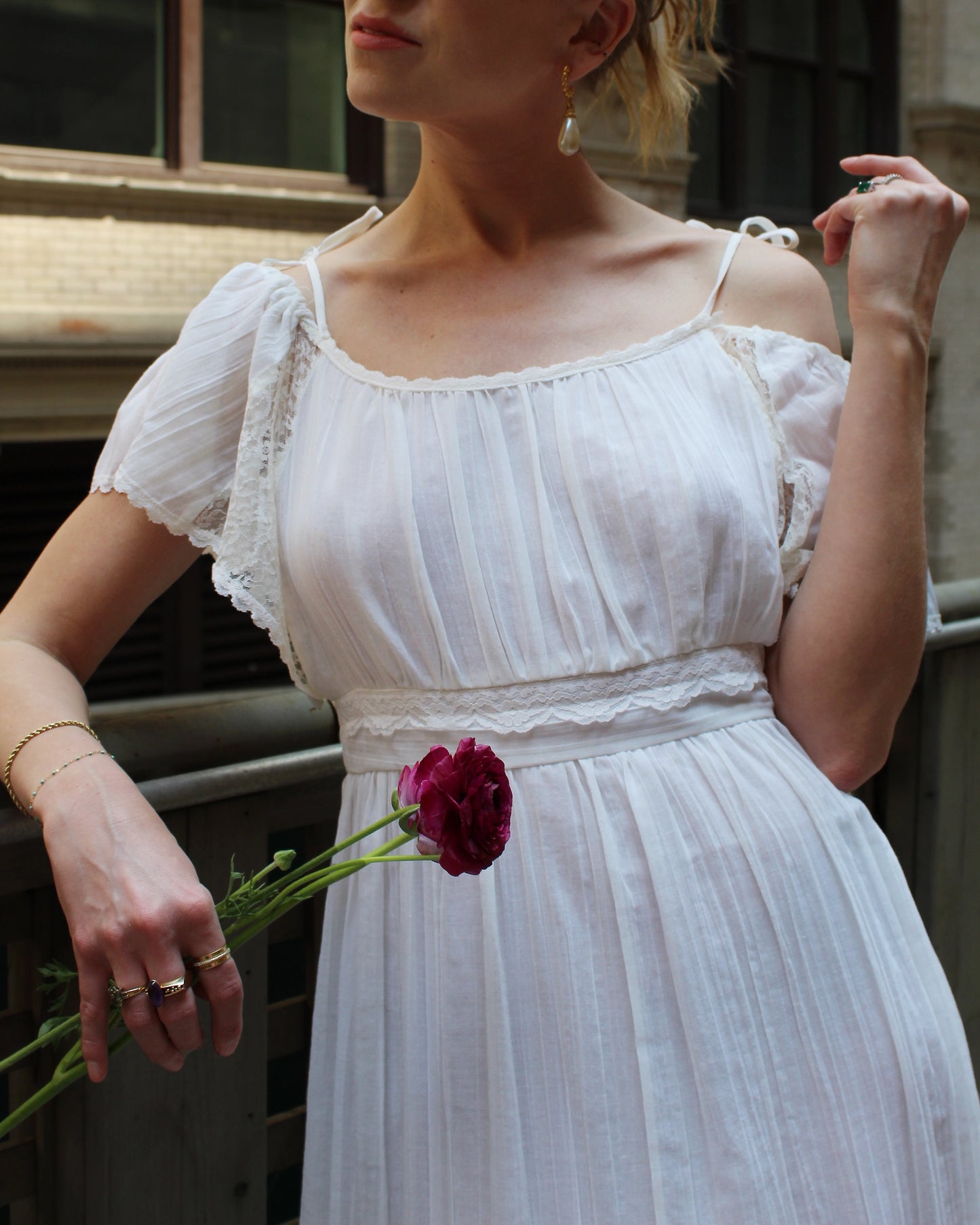 Vintage Ivory Gauze Off-The-Shoulder Dress