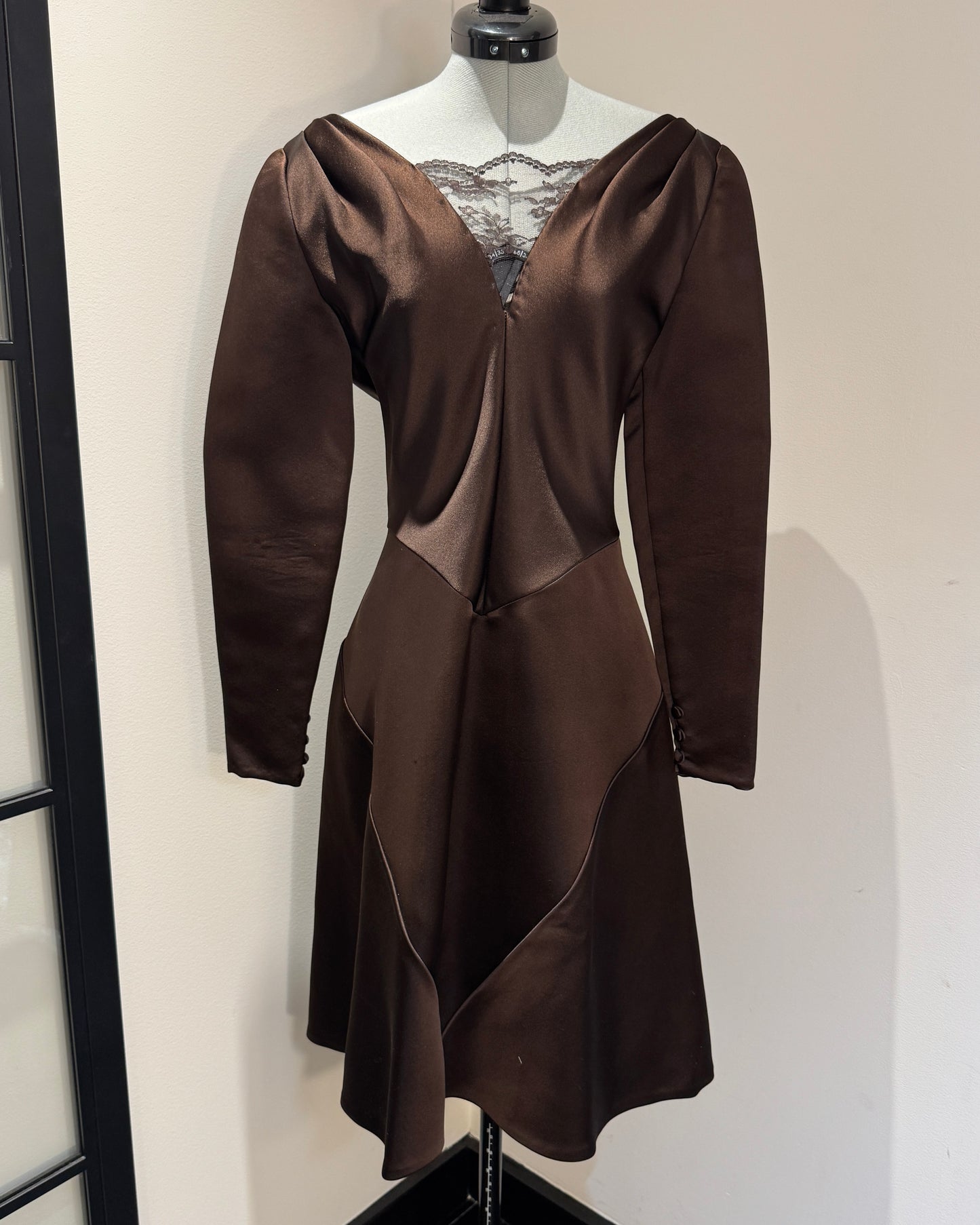 Vintage 1970s Bill Blass Lace-Inset Satin Cocktail Dress with Bustled Back