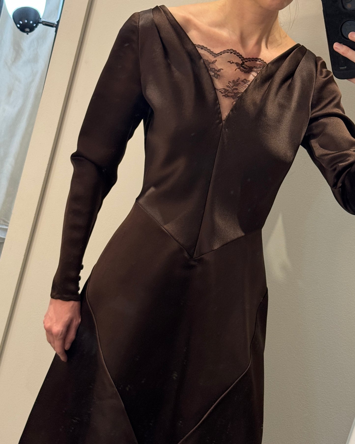 Vintage 1970s Bill Blass Lace-Inset Satin Cocktail Dress with Bustled Back