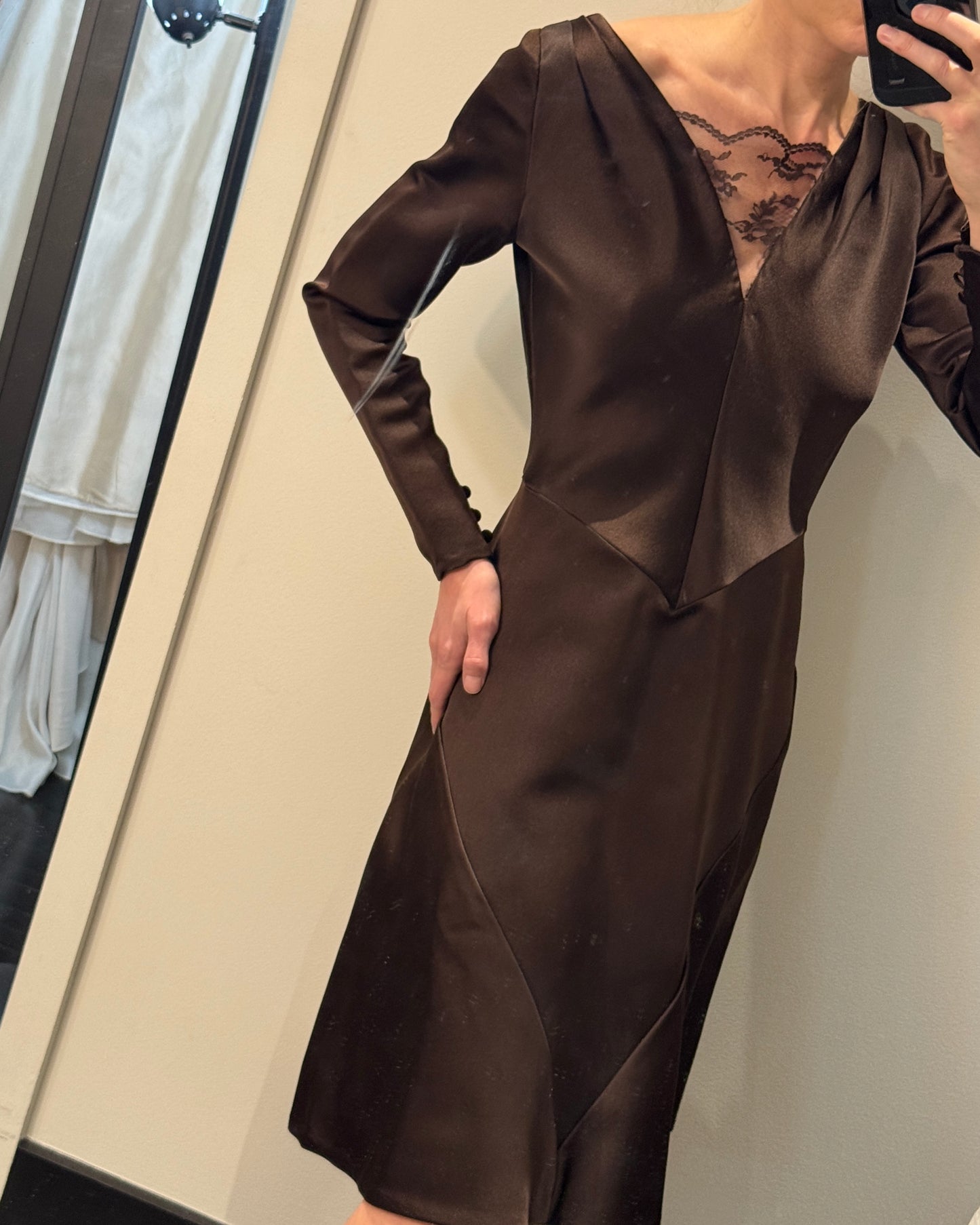 Vintage 1970s Bill Blass Lace-Inset Satin Cocktail Dress with Bustled Back