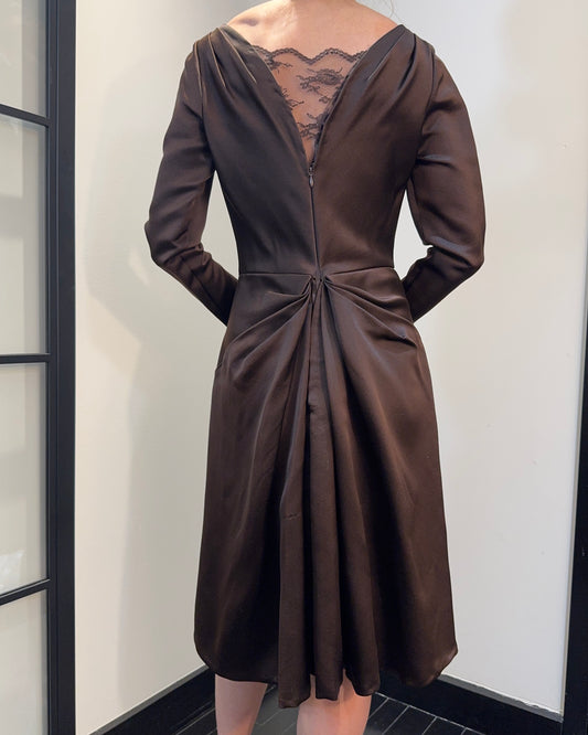 Vintage 1970s Bill Blass Lace-Inset Satin Cocktail Dress with Bustled Back