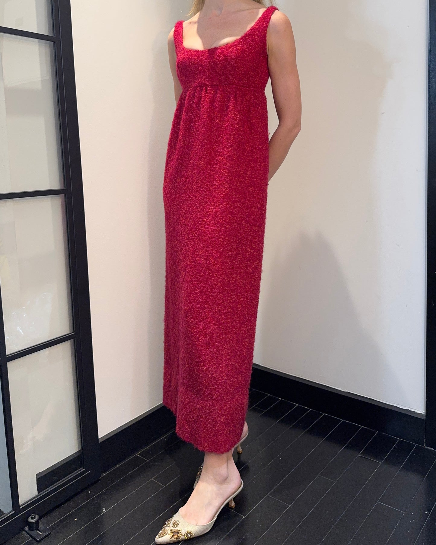 Vintage 1960s Regency-Style Empire Waist Bouclé Wool Column Dress