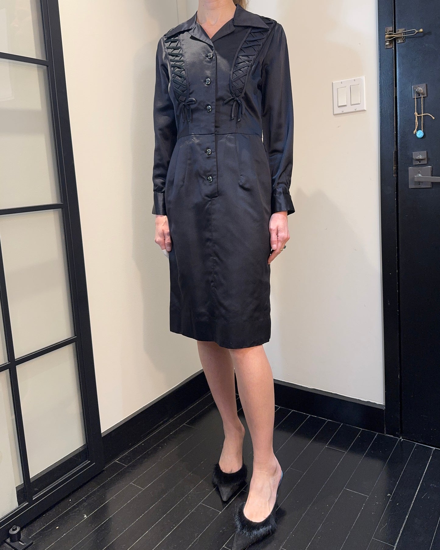 Vintage 1940s Silk Satin Shirtwaist Dress with Lace-Up Details