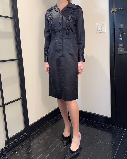 Vintage 1940s Silk Satin Shirtwaist Dress with Lace-Up Details