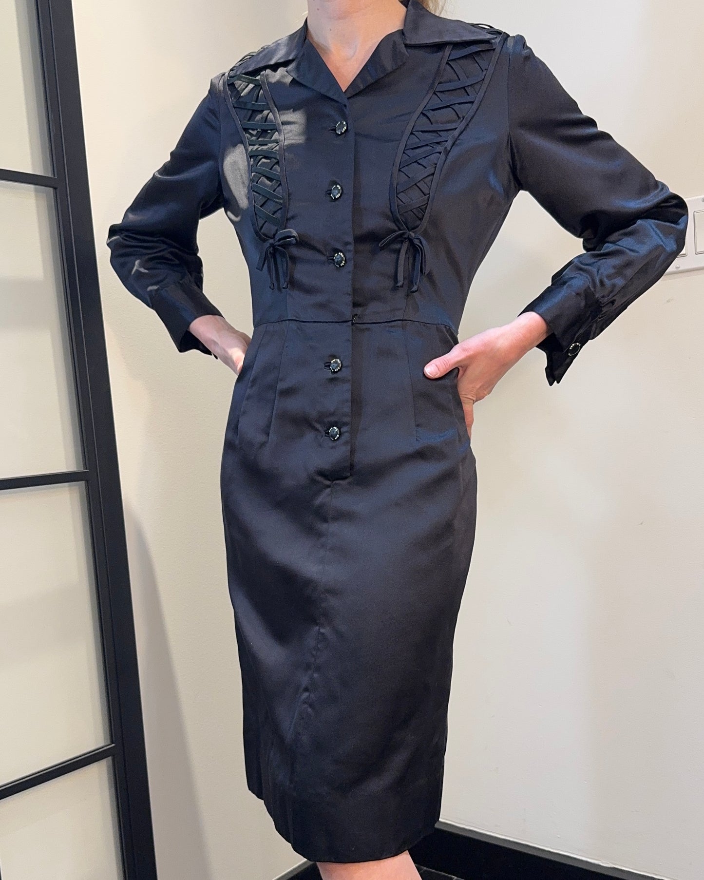 Vintage 1940s Silk Satin Shirtwaist Dress with Lace-Up Details