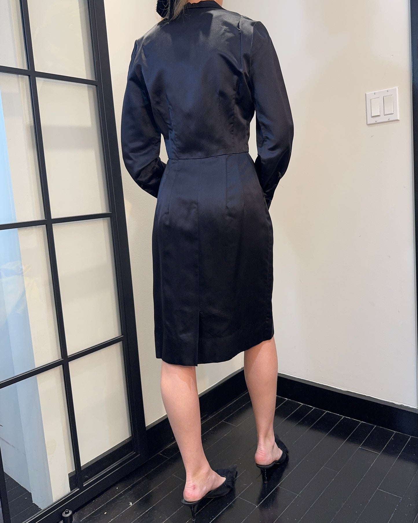 Vintage 1940s Silk Satin Shirtwaist Dress with Lace-Up Details