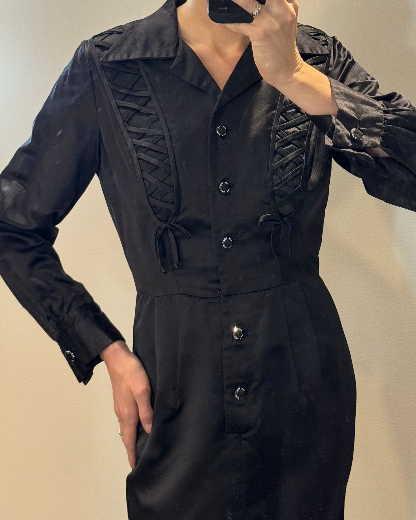 Vintage 1940s Silk Satin Shirtwaist Dress with Lace-Up Details