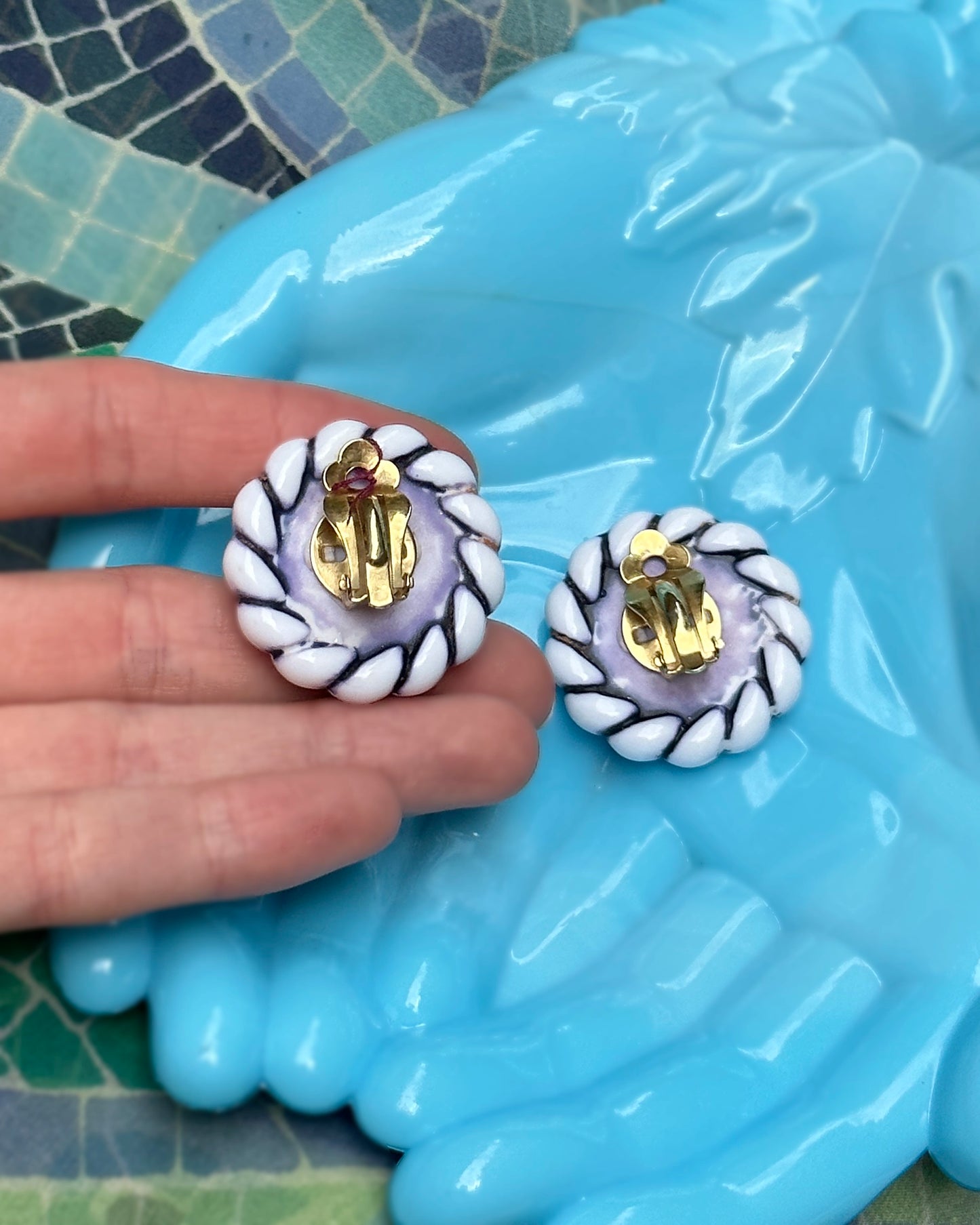1940s BLUE AND WHITE TILE CELLULOID EARRINGS