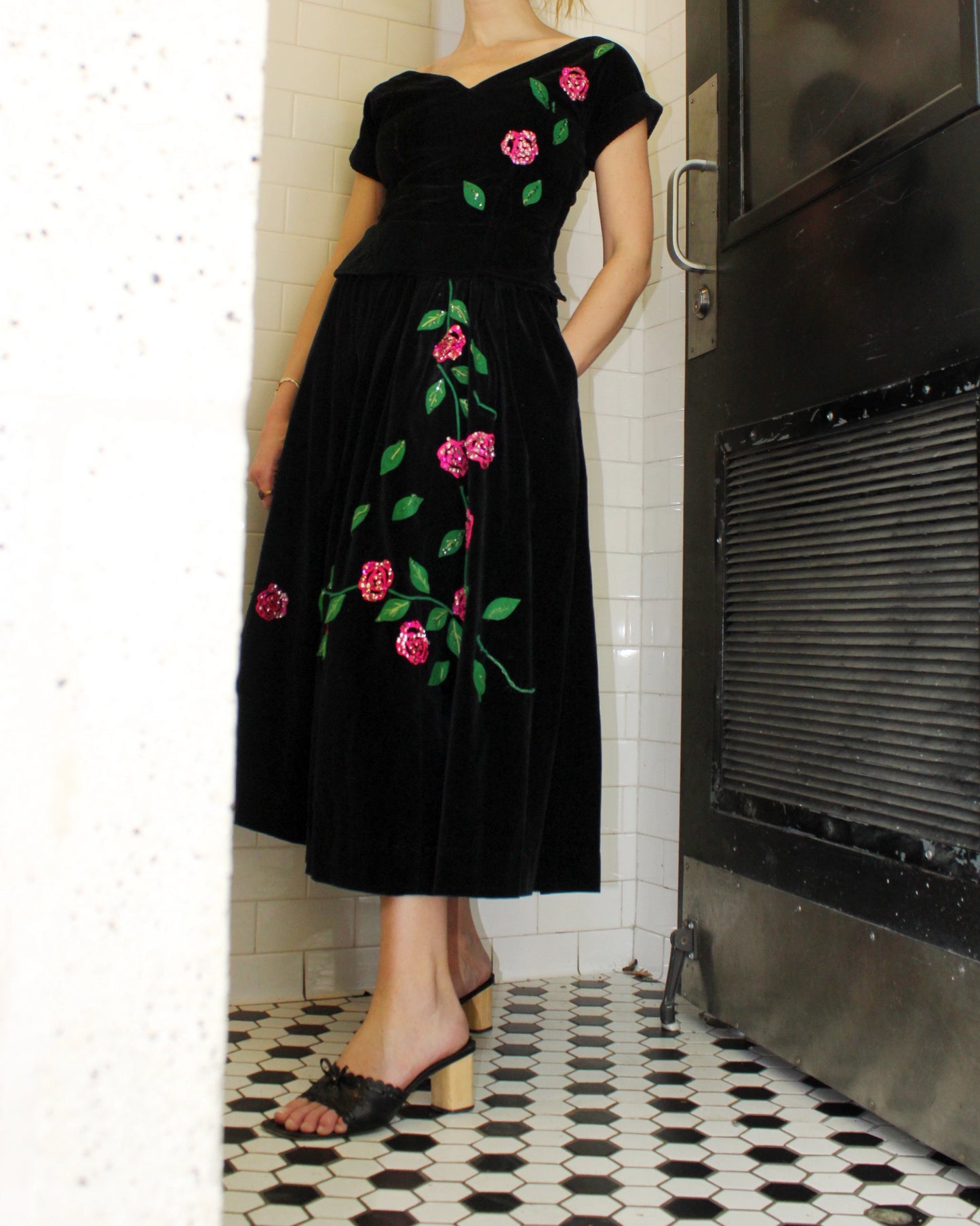 Vintage 1940s Velvet Two-Piece Dress With Rose Appliqué