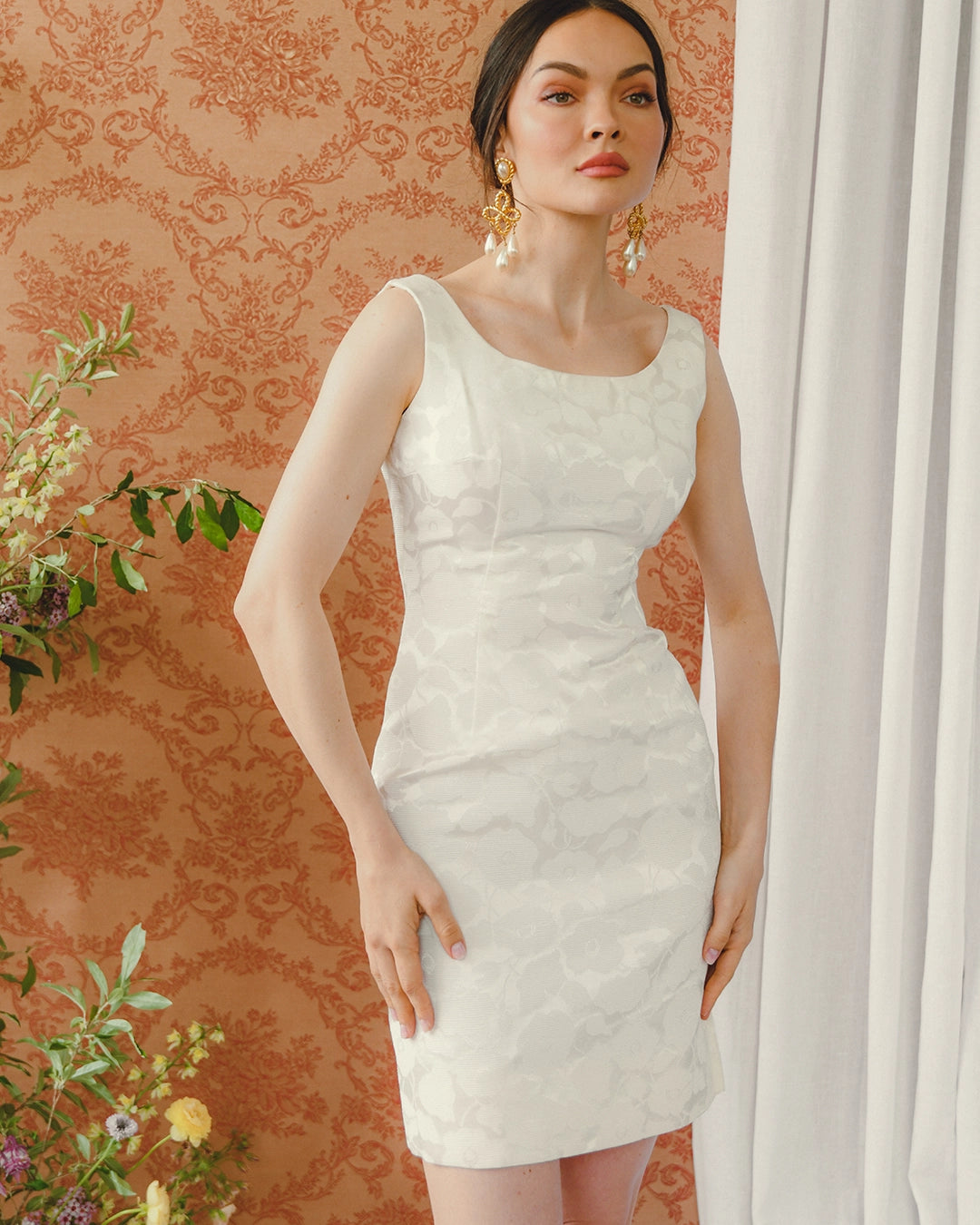 Vintage 1960s Ivory Brocade Dress + Coat Set