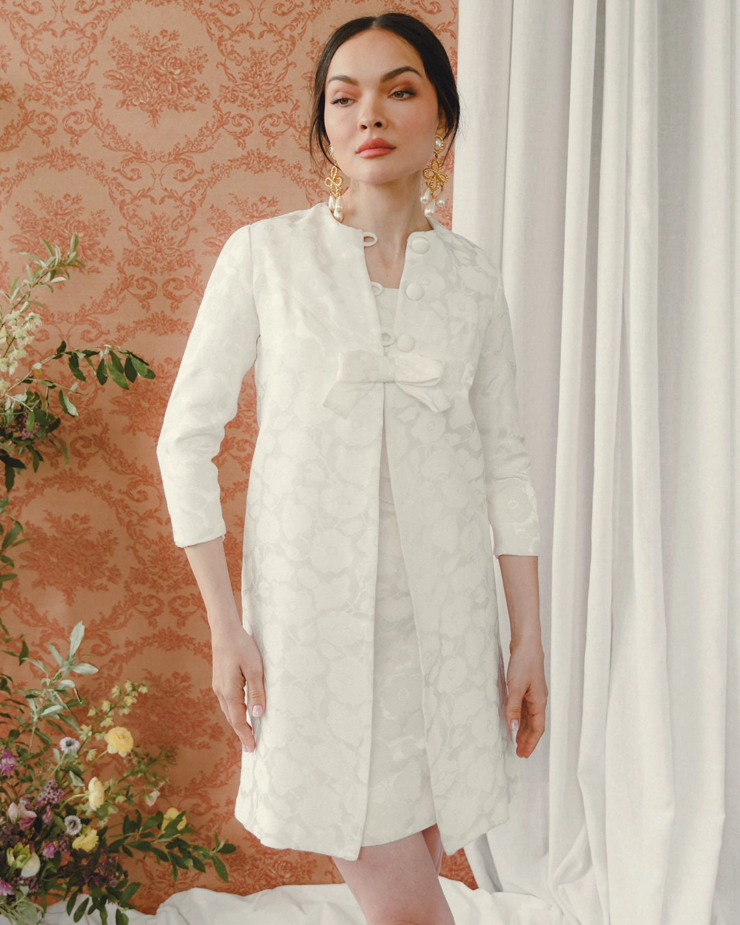 Vintage 1960s Ivory Brocade Dress + Coat Set