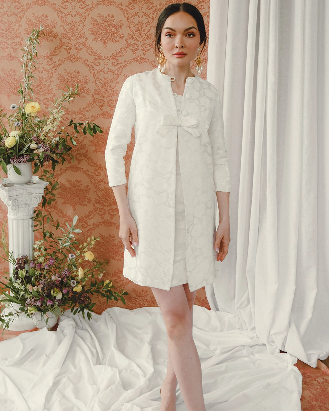 Vintage 1960s Ivory Brocade Dress + Coat Set