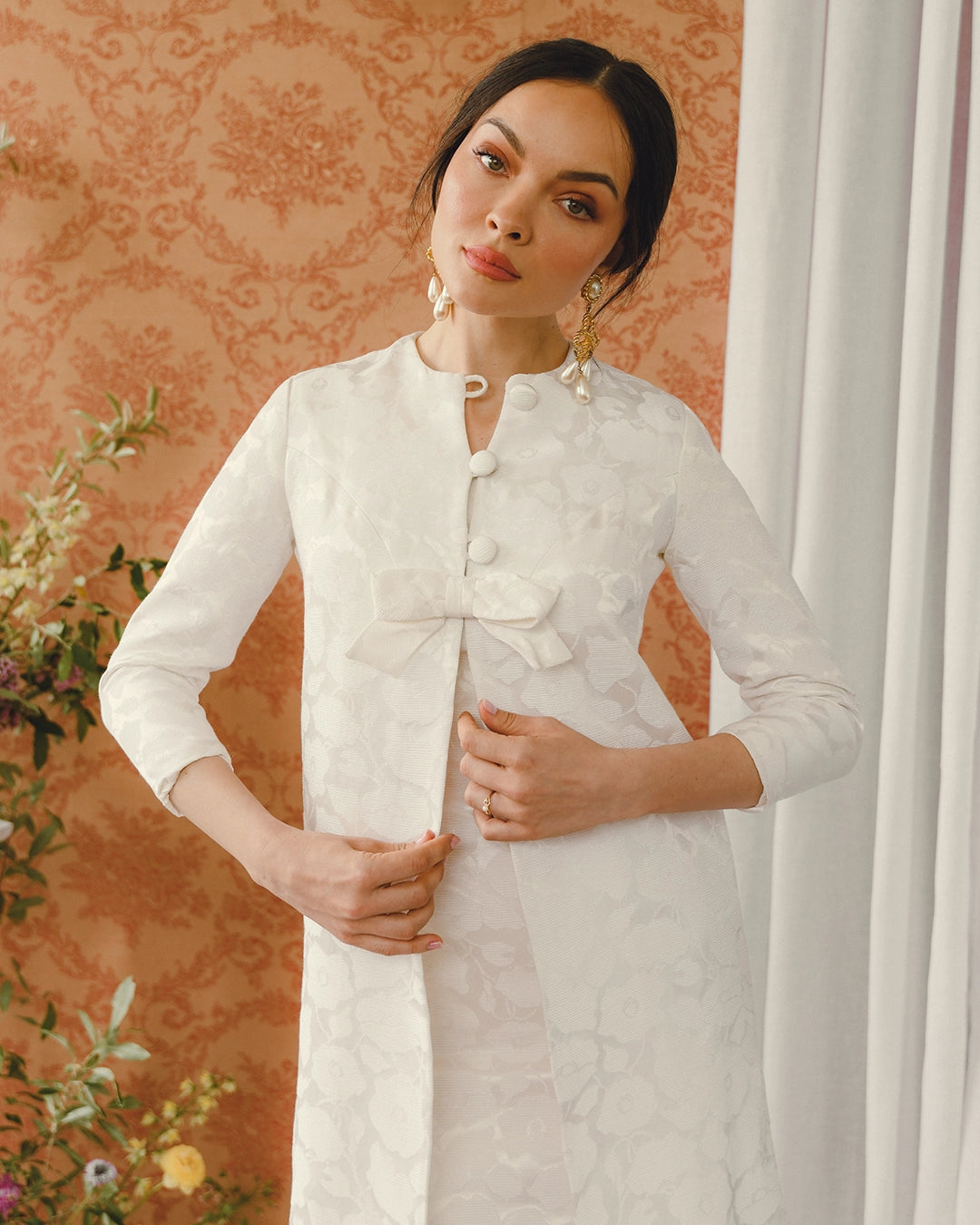 Vintage 1960s Ivory Brocade Dress + Coat Set