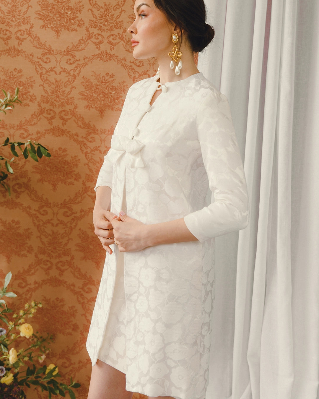 Vintage 1960s Ivory Brocade Dress + Coat Set