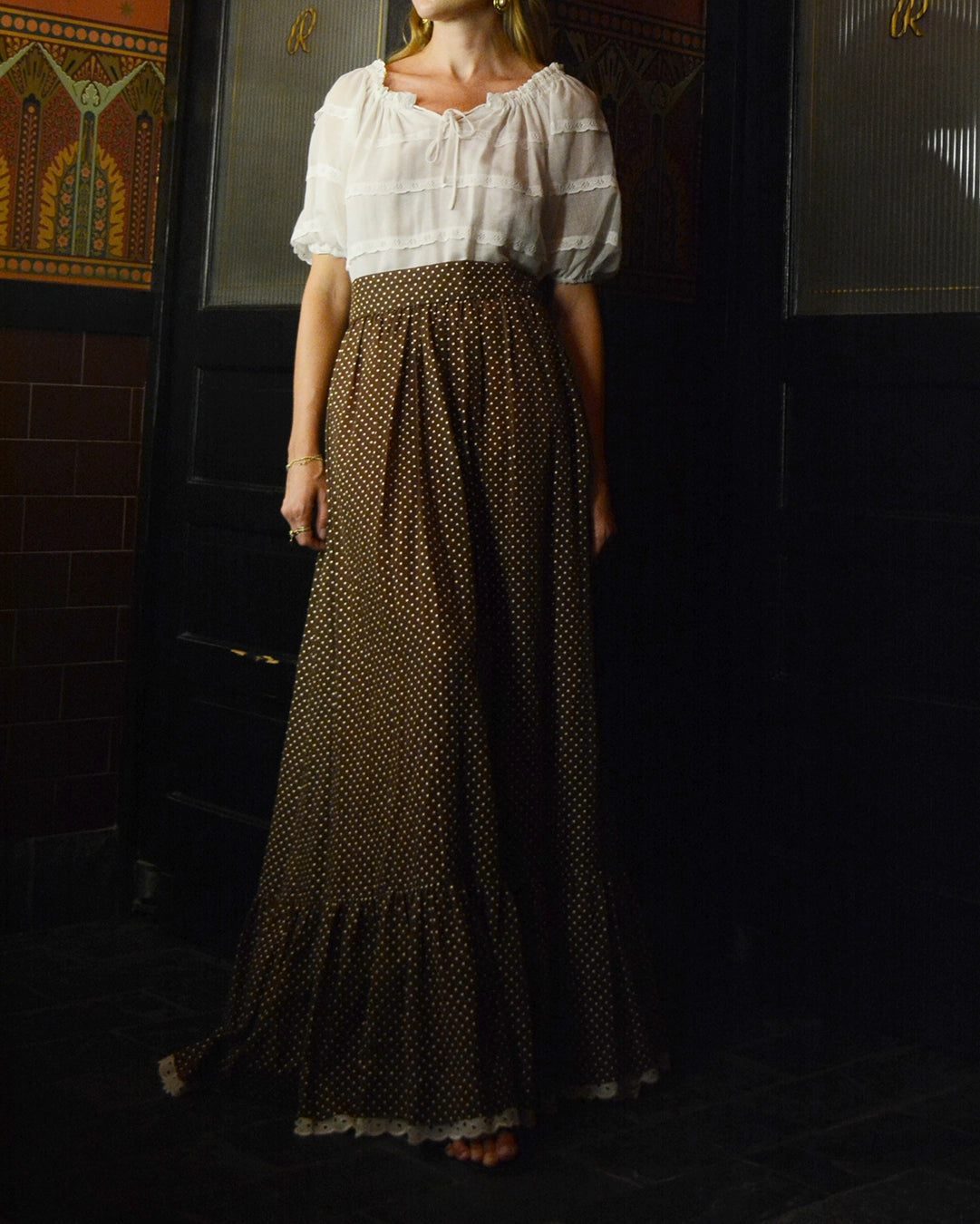1970s Off-the-Shoulder Eyelet Bodice Maxidress With Polka Dot Skirt