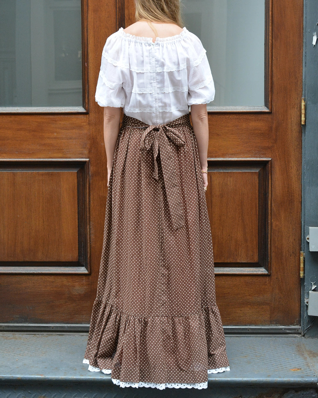 1970s Off-the-Shoulder Eyelet Bodice Maxidress With Polka Dot Skirt