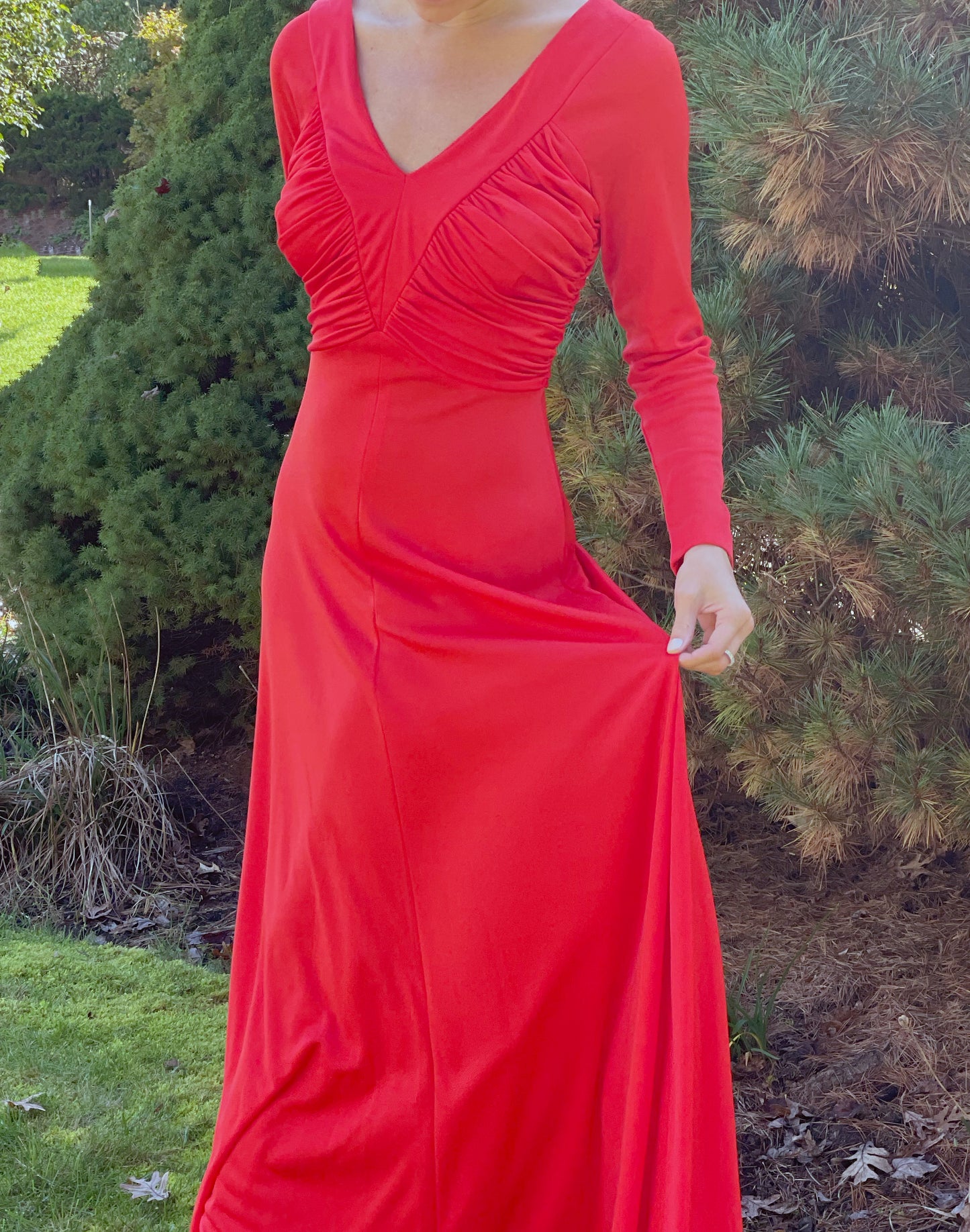 1970s Orange Ruched Jersey Maxidress