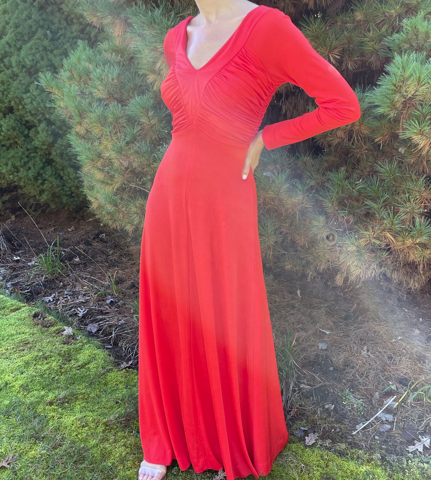 1970s Orange Ruched Jersey Maxidress
