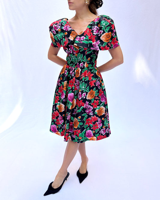 Vintage 1980s Floral Puff Sleeve Cape Neck Party Dress