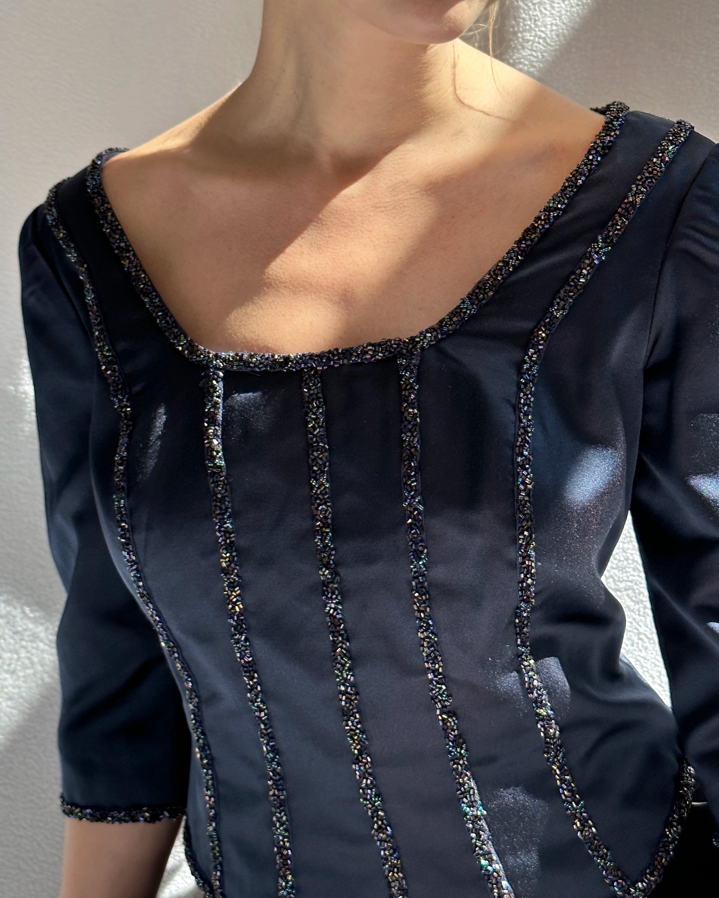 Vintage Satin Beaded Long Sleeve Corset Top