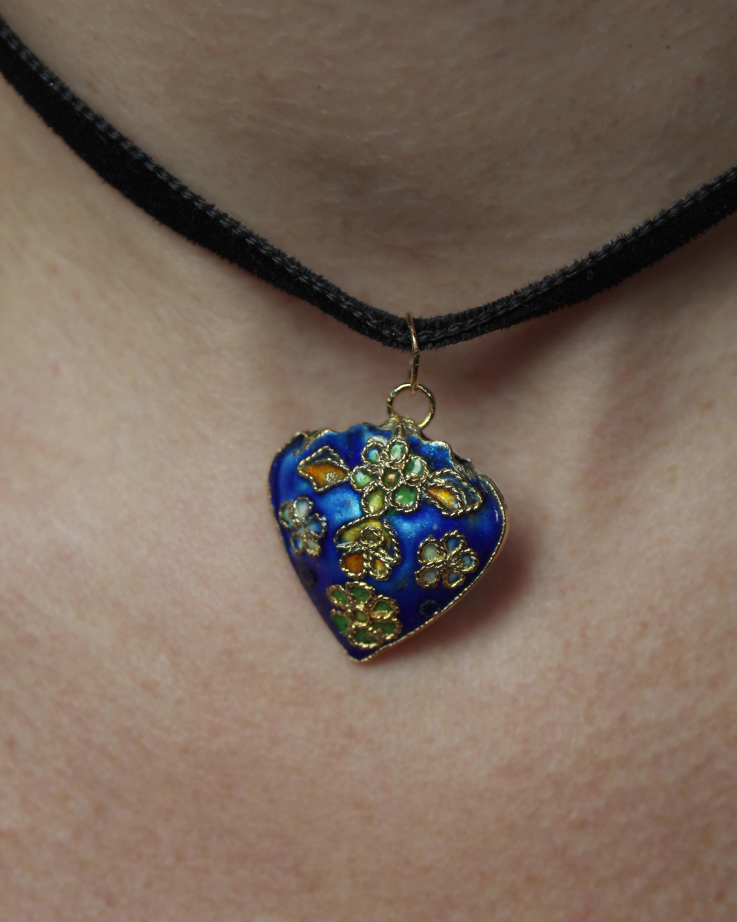 Vintage Floral Cloisonné Heart Pendant