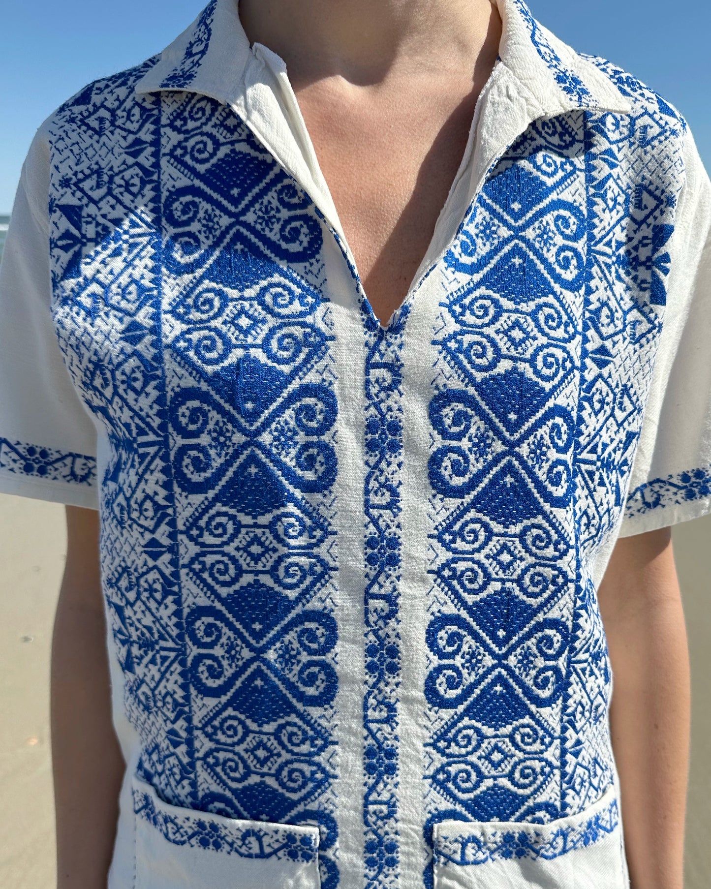 Vintage Greek Embroidered Split Neck Shirt