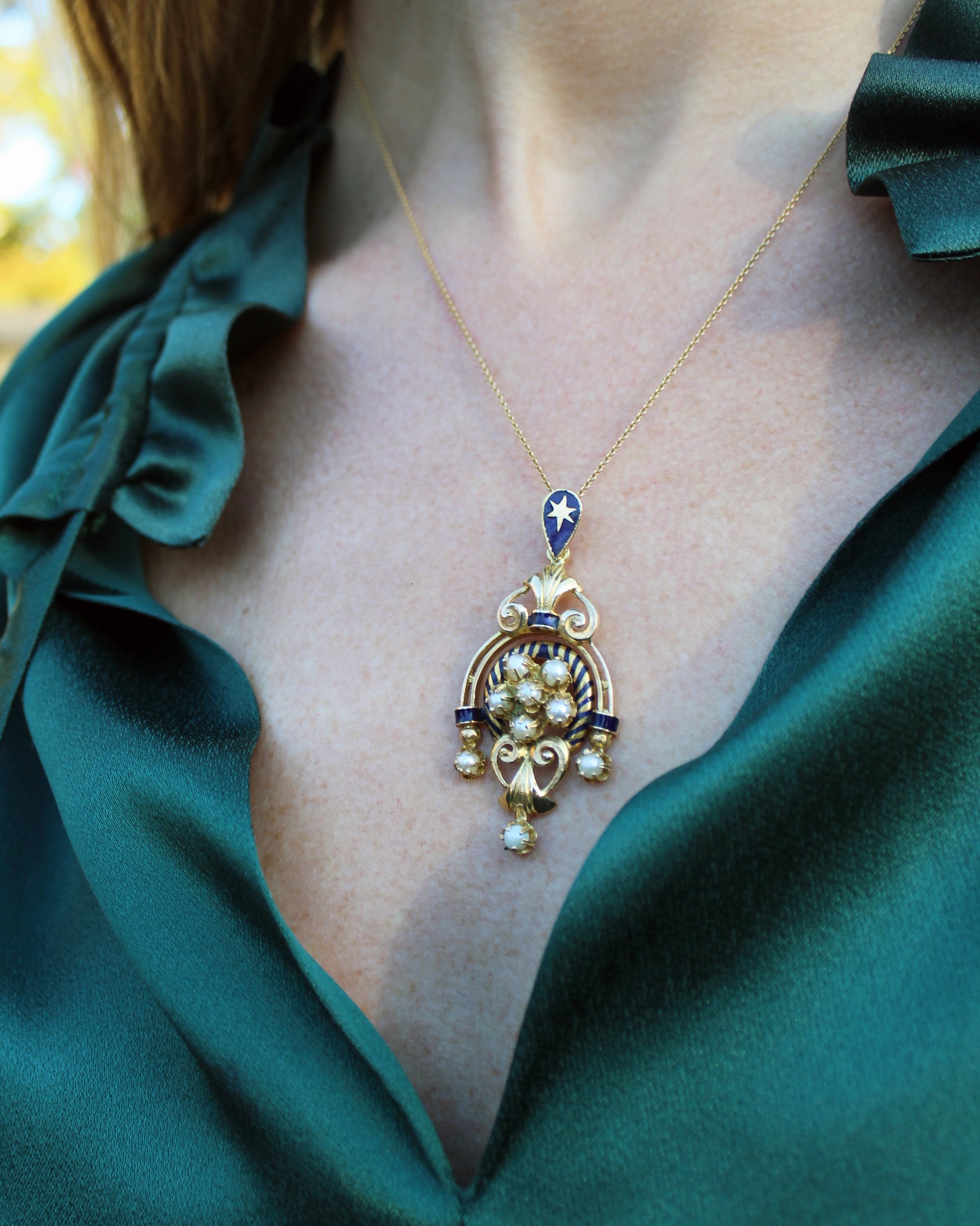 Vintage European 14k Gold Enamel Lavalier Pendant With Seed Pearls Very Breezy
