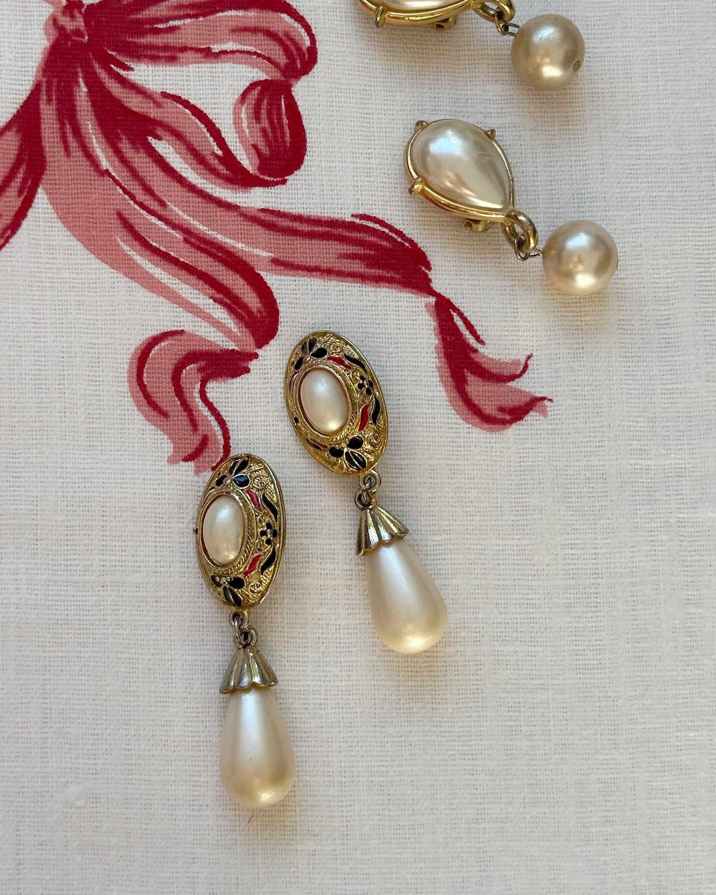 Vintage Enameled Gold Pearl Drop Standard Earrings