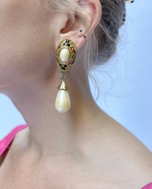 Vintage Enameled Gold Pearl Drop Standard Earrings
