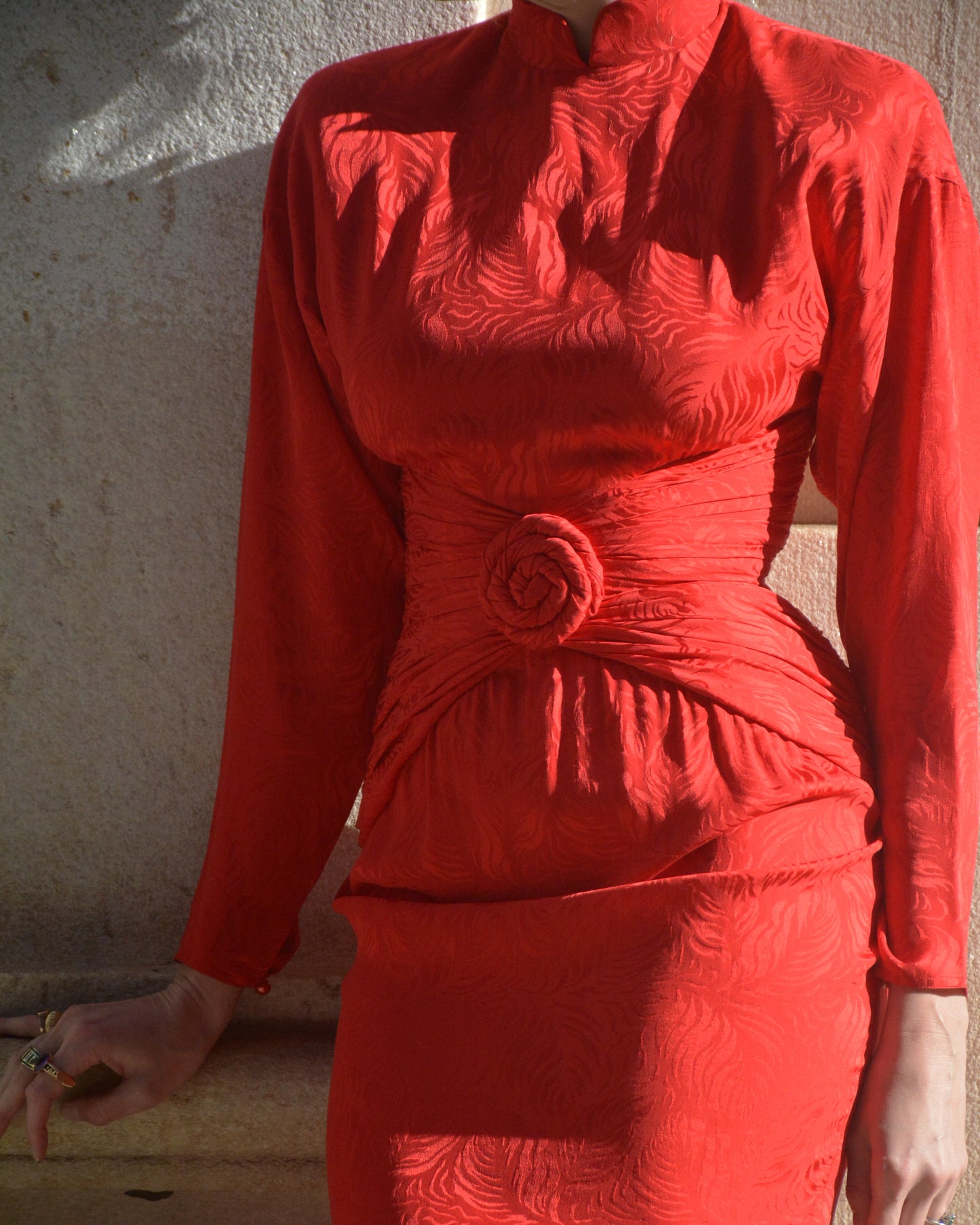 Vintage Red Silk Long-Sleeve Wiggle Dress