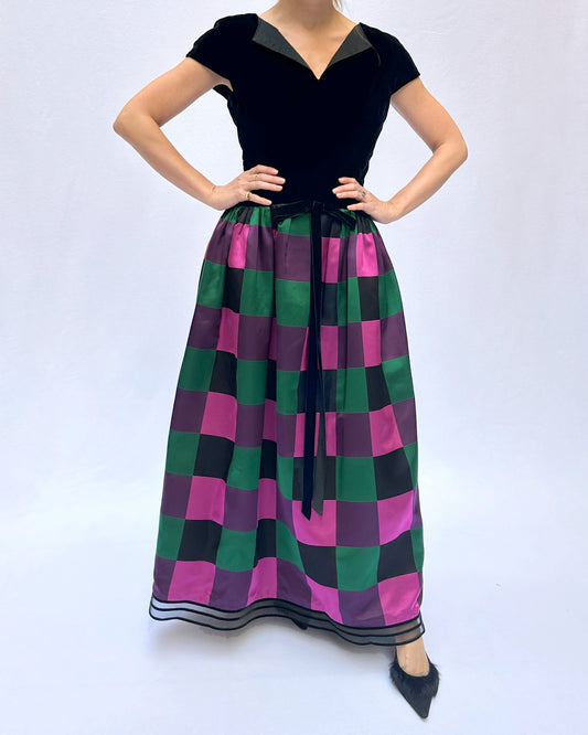 Vintage Sander Witlin Couture Velvet Bodice Harlequin Silk Gown