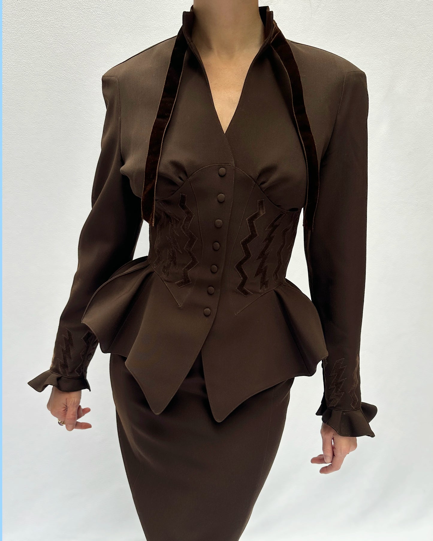 THIERRY MUGLER FALL 1992 RUNWAY VELVET TRIM CORSET-JACKET AND SKIRT SUIT