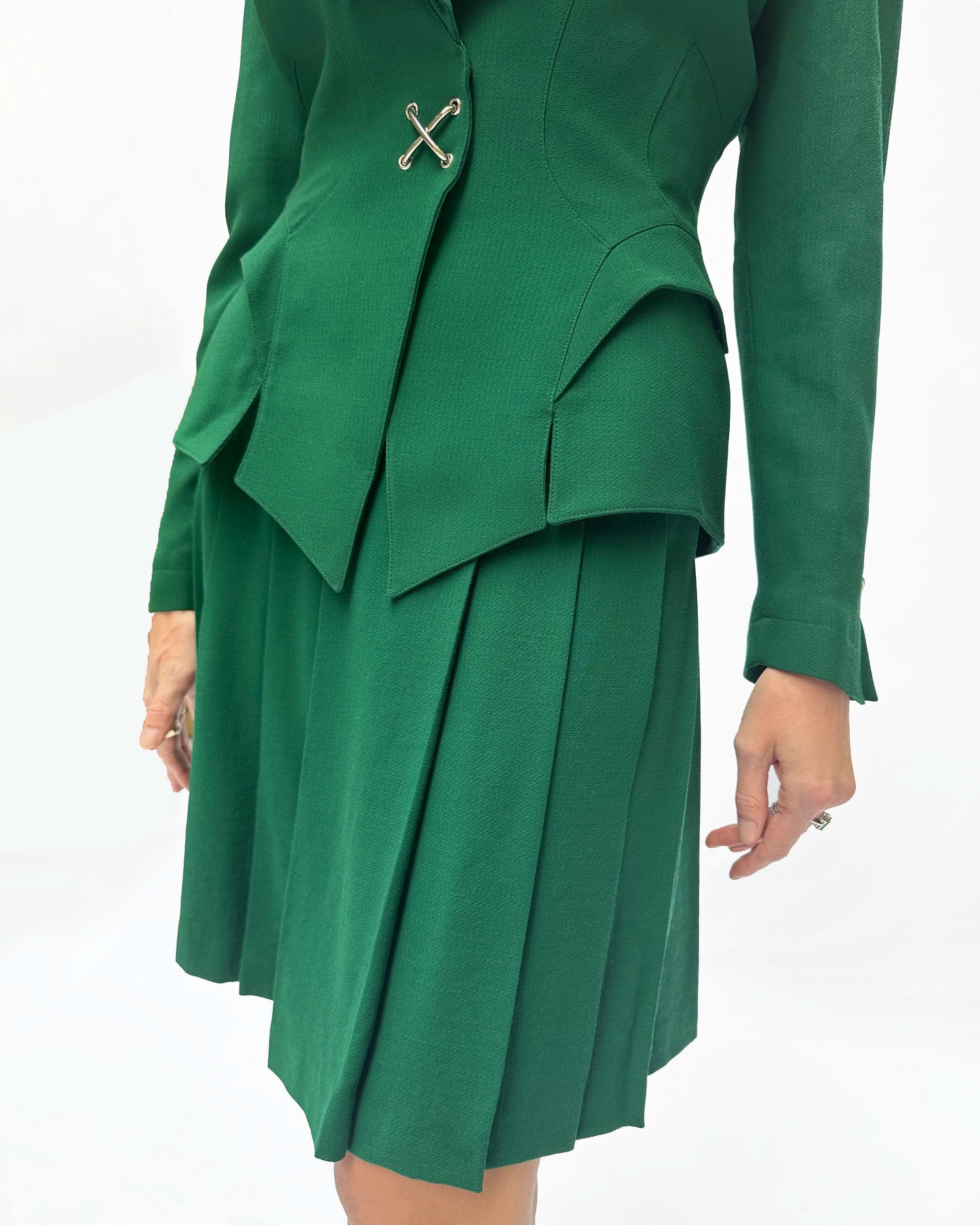 VINTAGE THIERRY MUGLER FALL 1992 EMERALD JACKET + PLEATED SKIRT SUIT