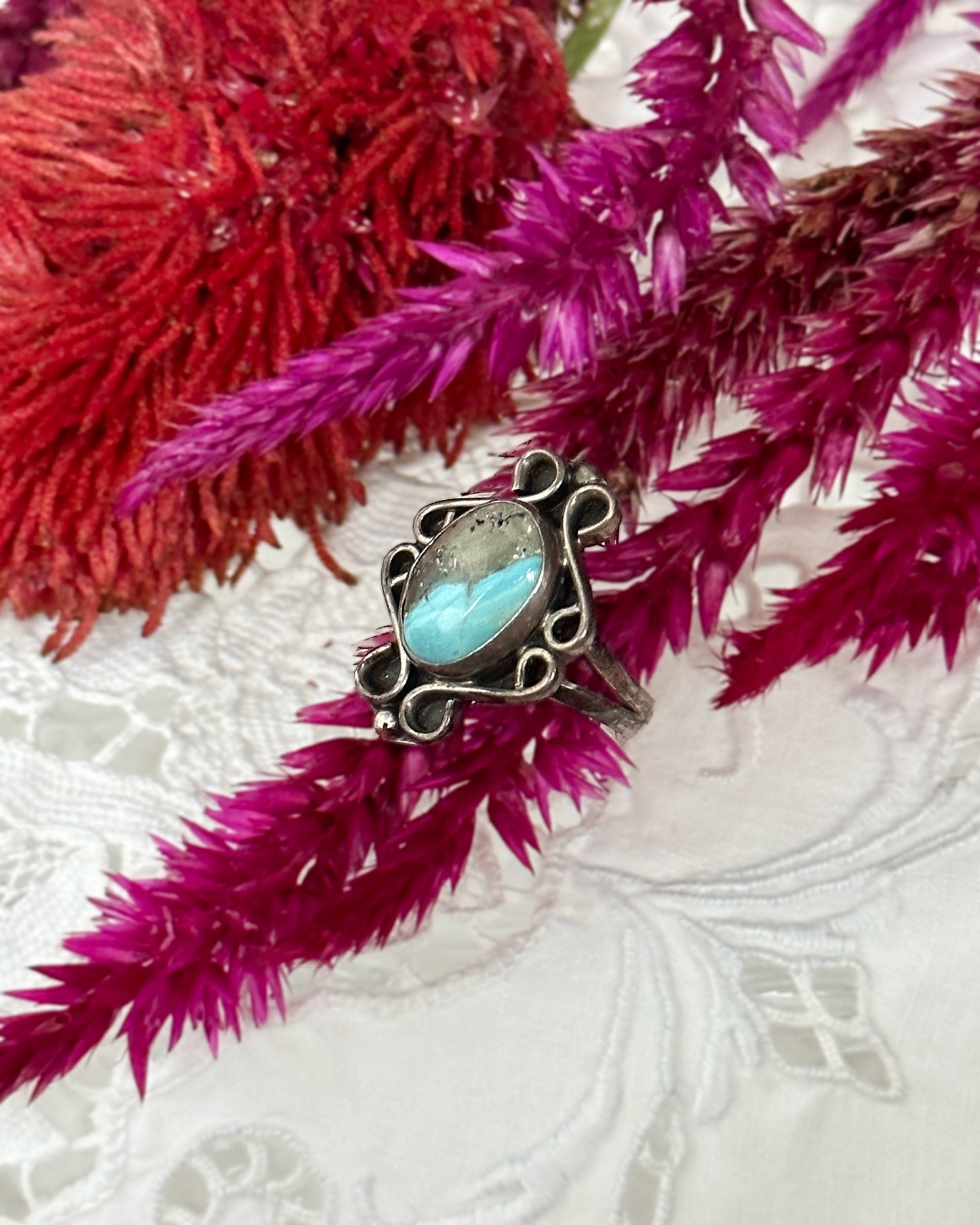 Vintage Artisanal Turquoise Ring In Sterling Silver