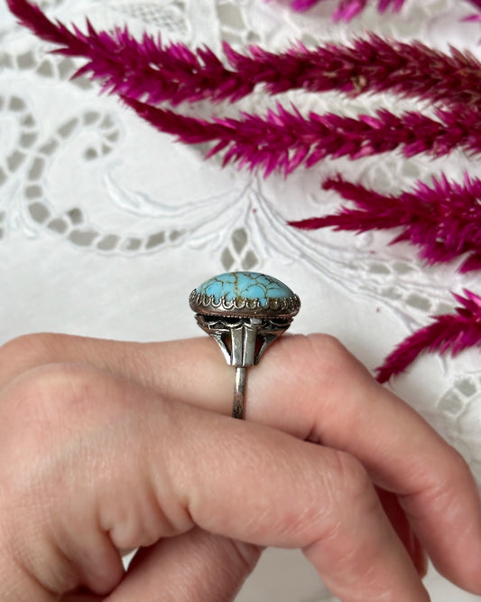 Vintage Turquoise And Sterling Silver Cocktail Ring