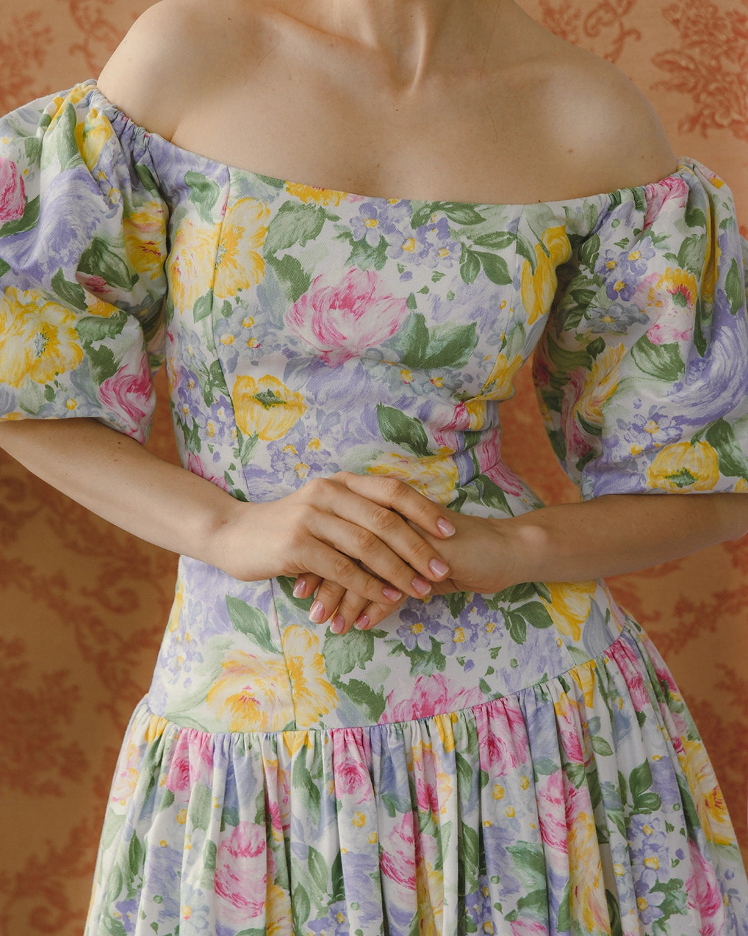 1980s Victor Costa Puff-Sleeve Pastel Floral Drop Waist Dress 1980s Victor Costa Puff-Sleeve Pastel Floral Drop Waist Dress