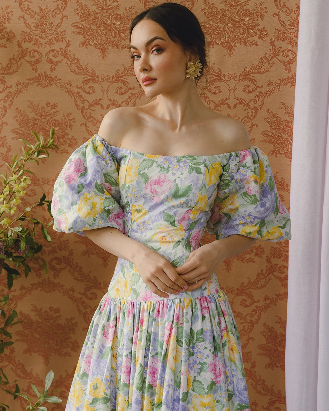 1980s Victor Costa Puff-Sleeve Pastel Floral Drop Waist Dress
