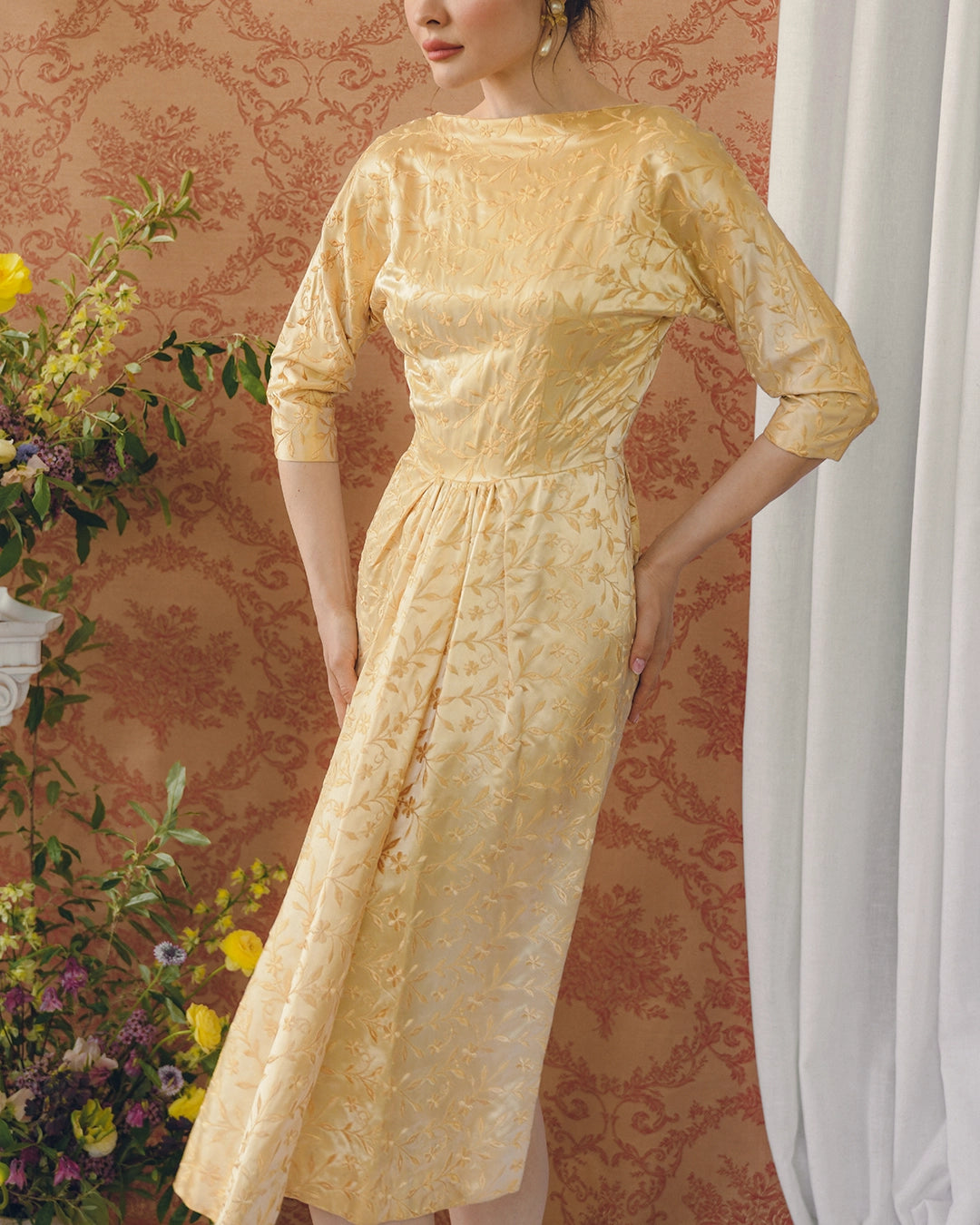 1940s EMBROIDERED DUCHESSE SATIN DOLMAN SLEEVE DRESS