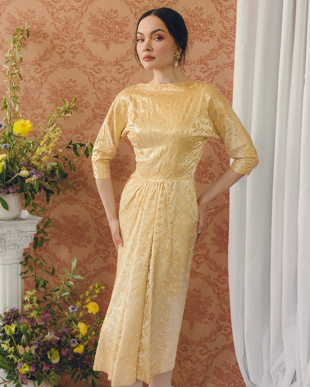 1940s EMBROIDERED DUCHESSE SATIN DOLMAN SLEEVE DRESS