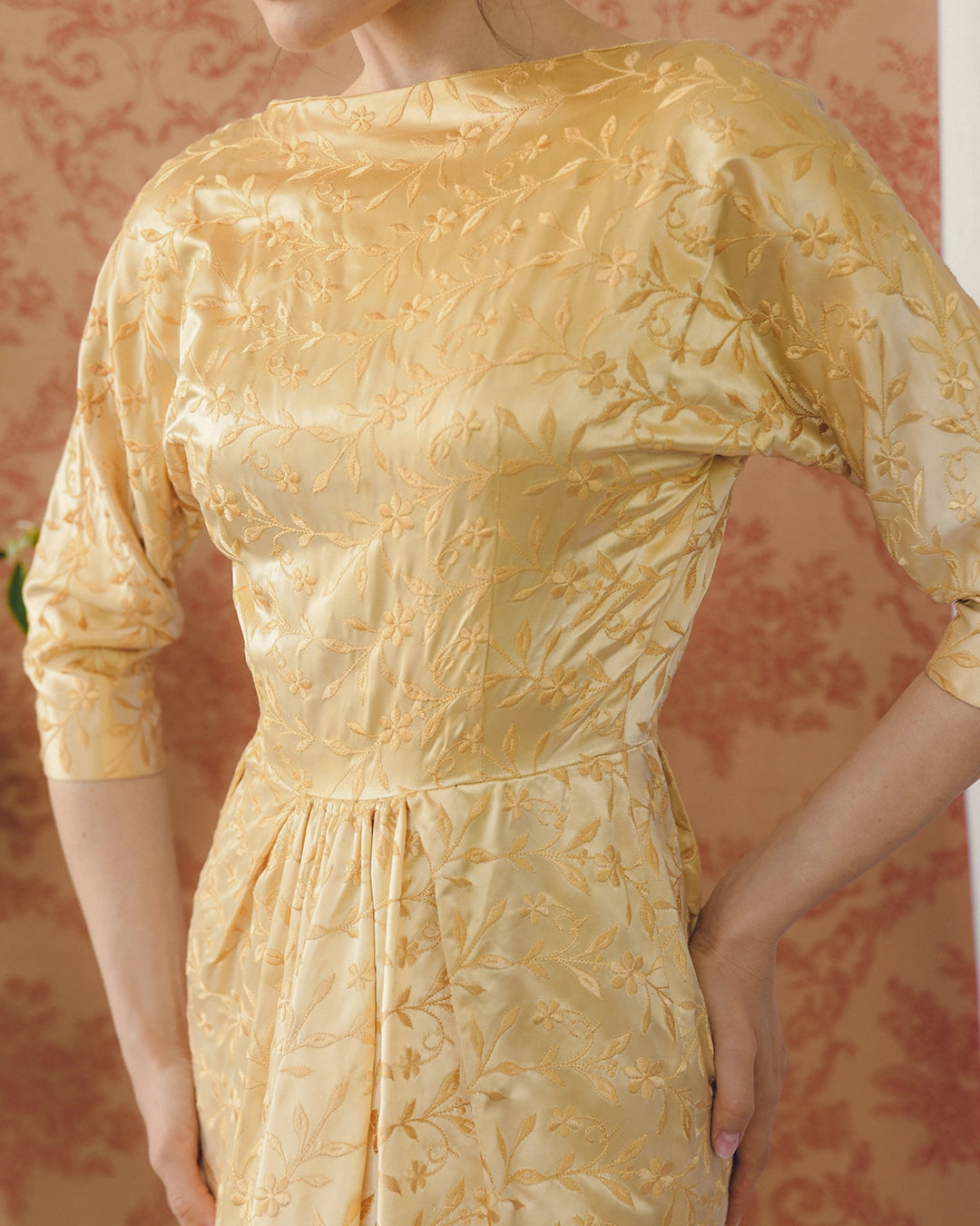 1940s EMBROIDERED DUCHESSE SATIN DOLMAN SLEEVE DRESS