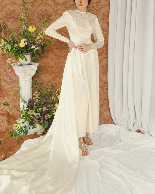 Vintage 1940s Duchesse Satin Princess Cut Wedding Dress With Court Train And Eyelet Cutout Beadwork