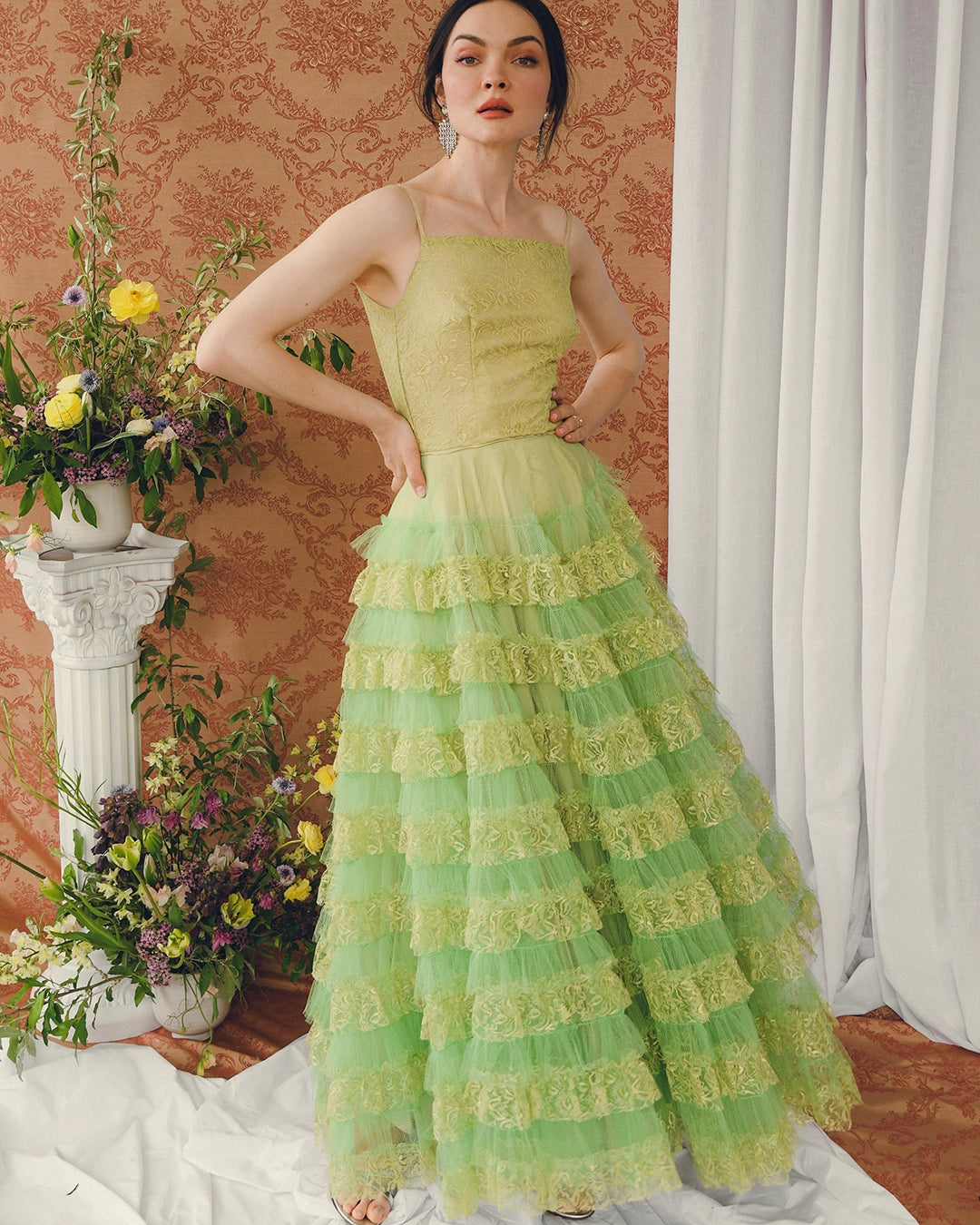 VINTAGE 1950s CHARTREUSE LACE CUPCAKE DRESS